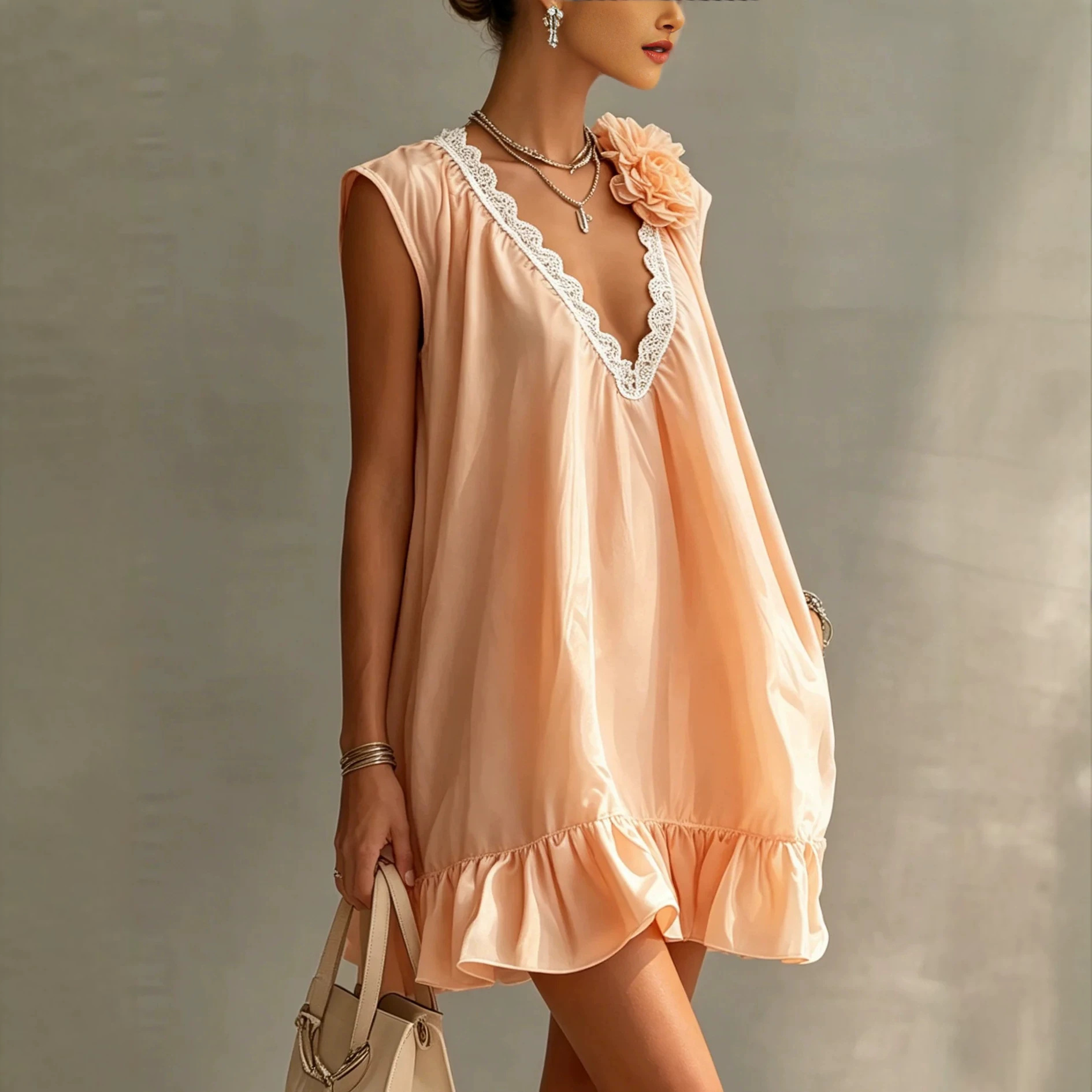 Nude Pink Lace V-Neck Sleeveless A-Line Mini Dress with 3D Floral Ruffle Chiffon