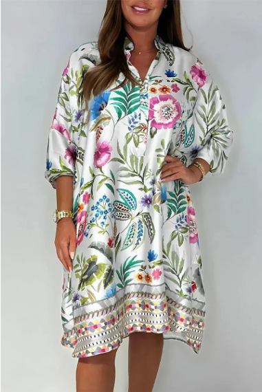 Women's V-Neck Floral Print Midi A-Line Dress with Puff Sleeves