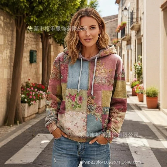 Women's Plaid Print Casual Pullover Hoodie Long Sleeve