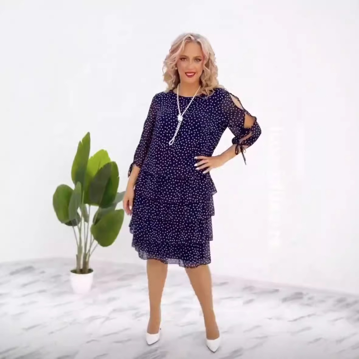 Polka Dot Casual Tiered Midi Dress with Sheer Mesh Splicing