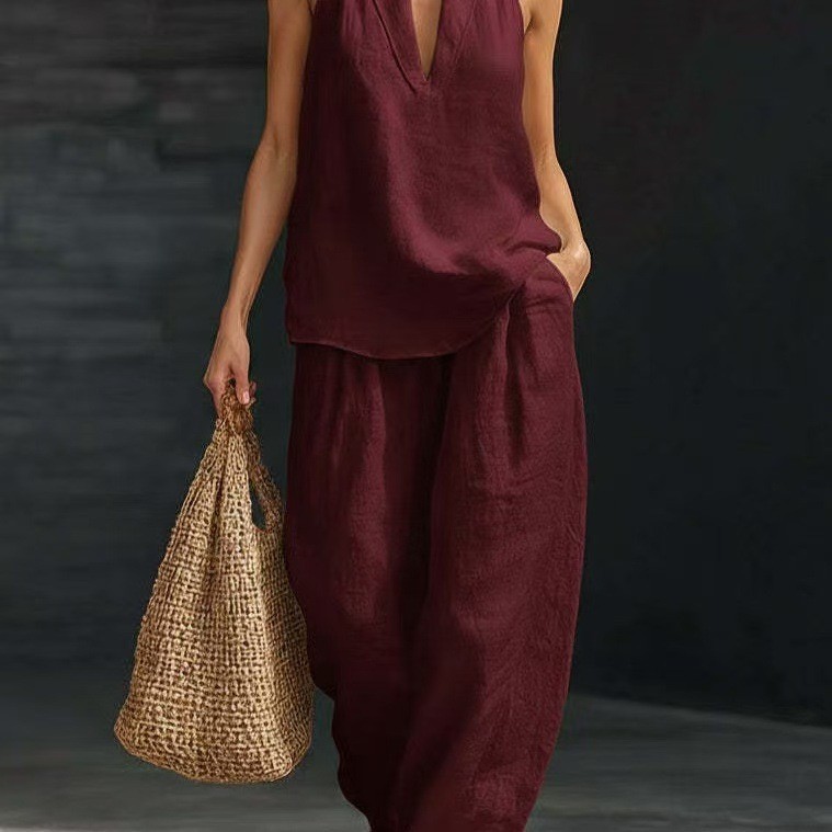 Women's Halter V-Neck Sleeveless Casual Two-Piece Set