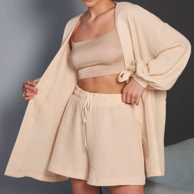 Women's Long Sleeve Solid Shirt and Shorts Casual Set