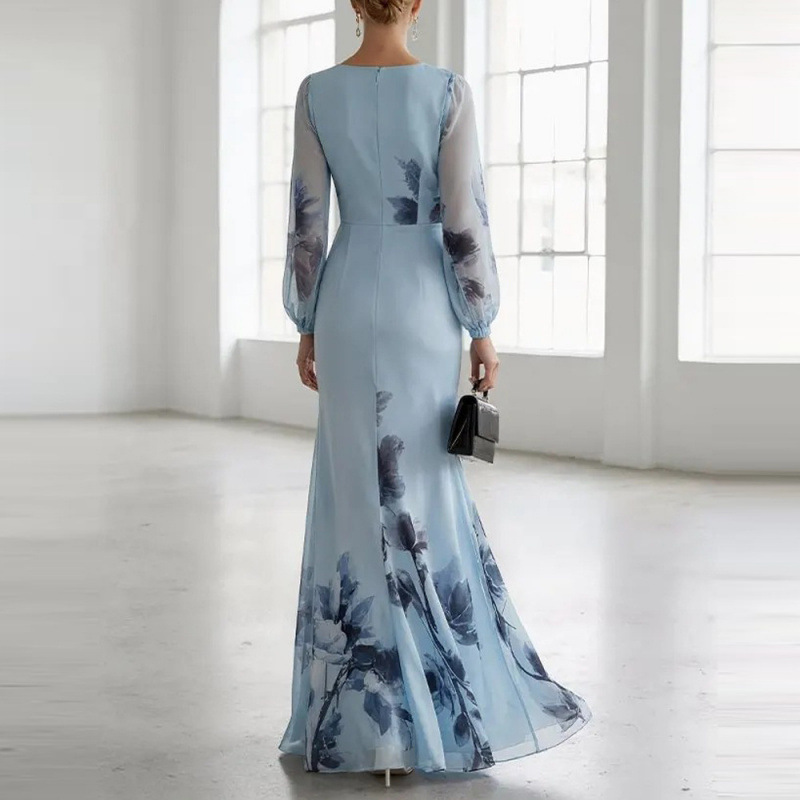Blue Floral Print Long Sleeve V-Neck Bodycon Maxi Dress