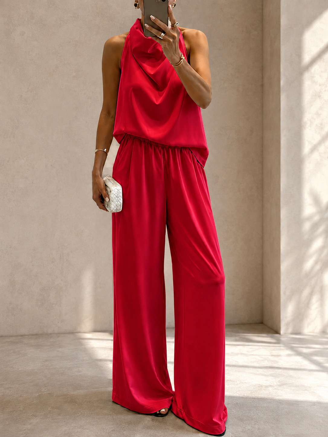 Women's Summer Halter V-Neck Sleeveless Top & High-Waist Wide-Leg Pants Set