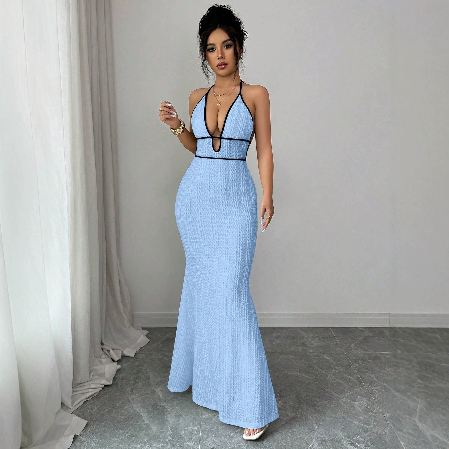 Color-Block Halter Open-Back Maxi Dress with Deep V Cutout and Lace-Up Mermaid Silhouette