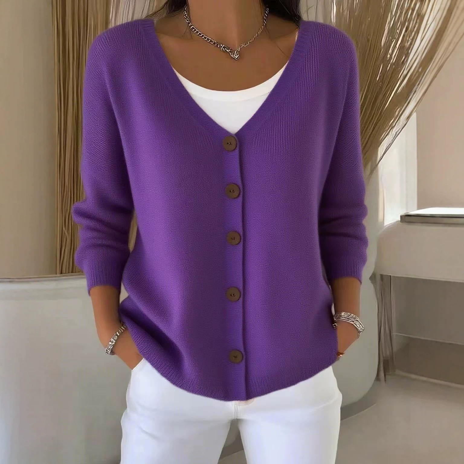 V-Neck Button-Up Knit Cardigan