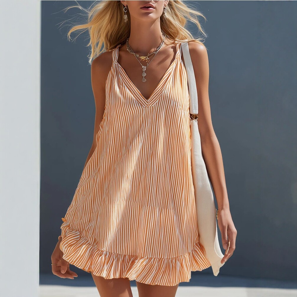 Striped Ruffle Sleeveless V-Neck Mini Dress