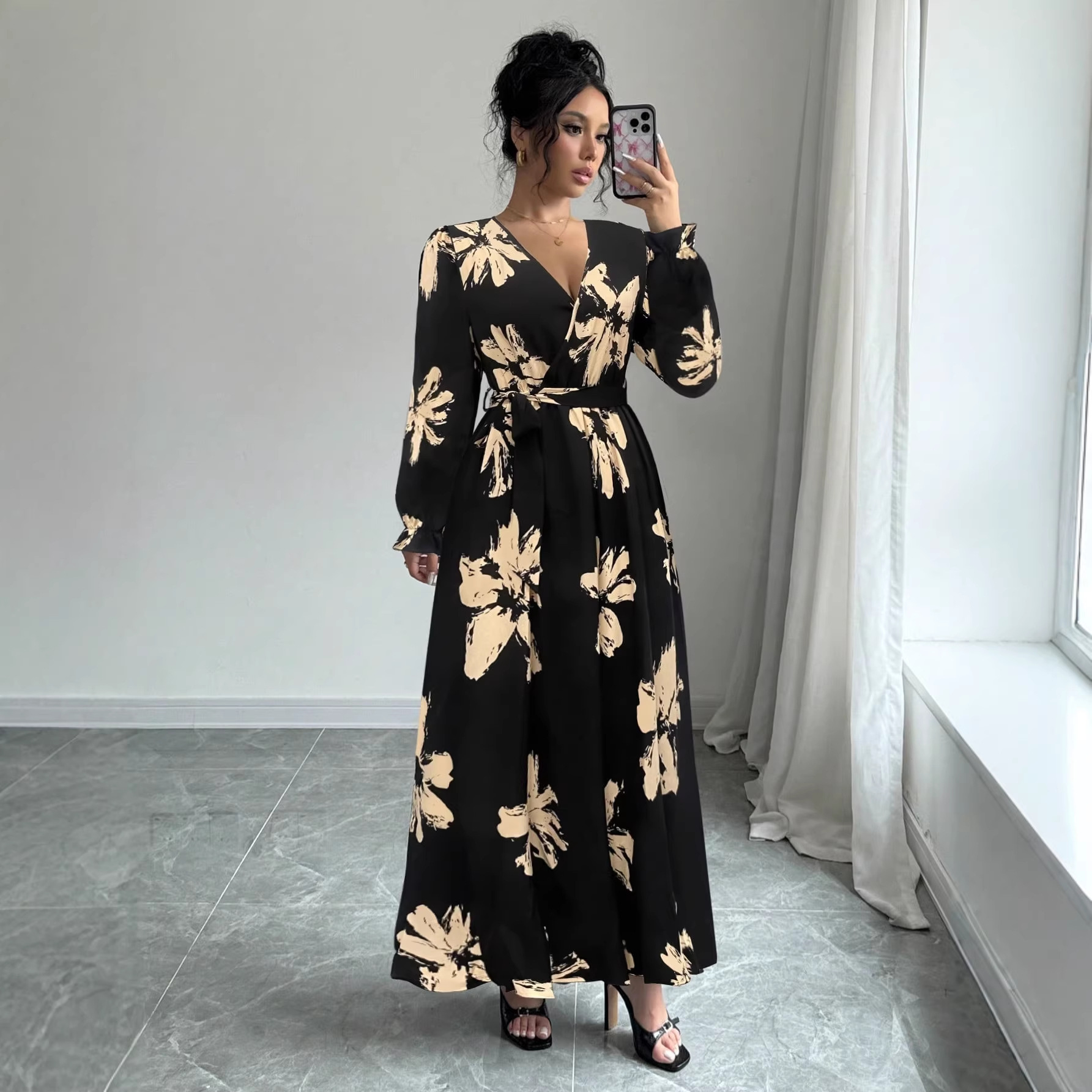 Women's Floral Print V-Neck Waist-Cinched Midi Dress