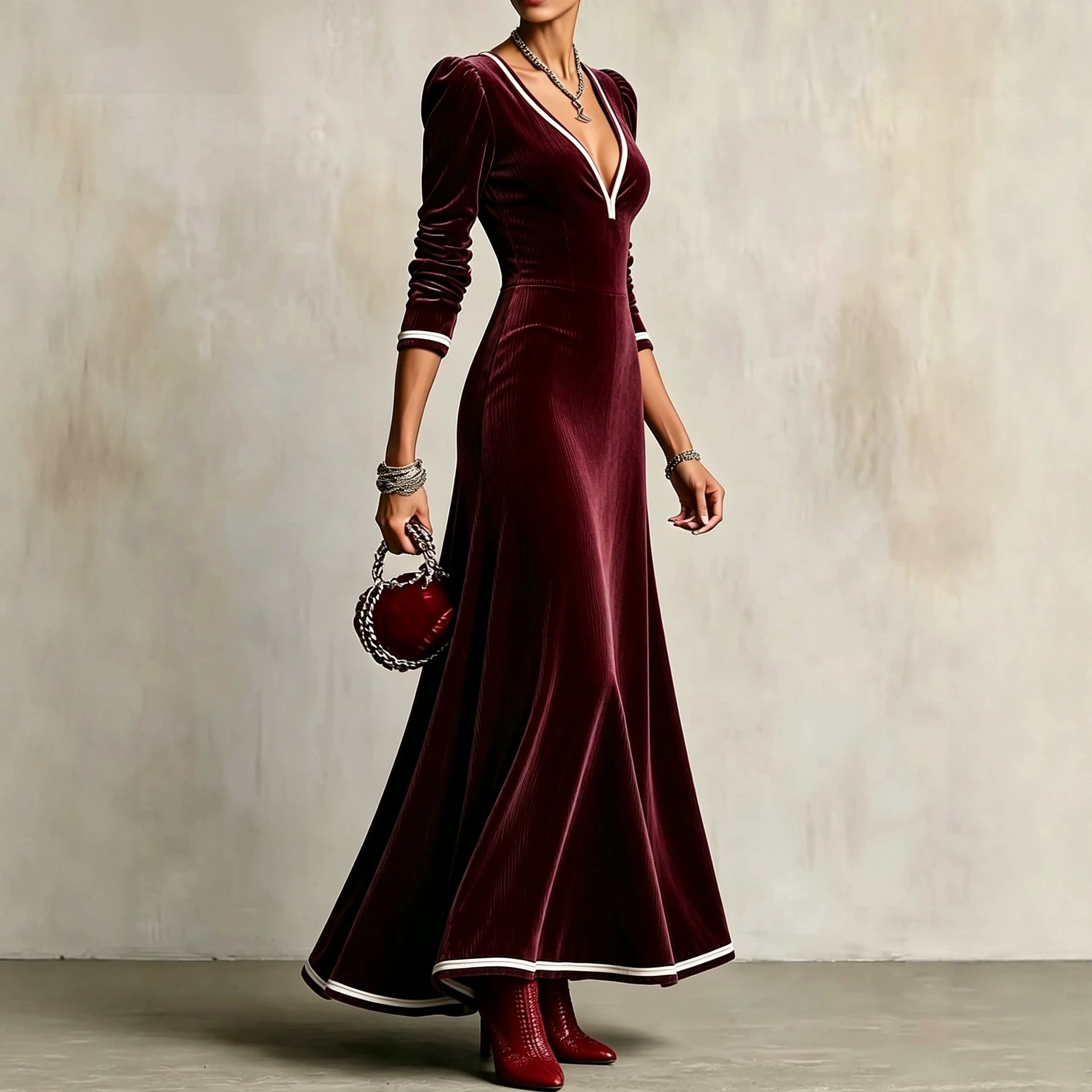 Striped Velvet A-Line Maxi Dress with Deep V-Neck and High Waist