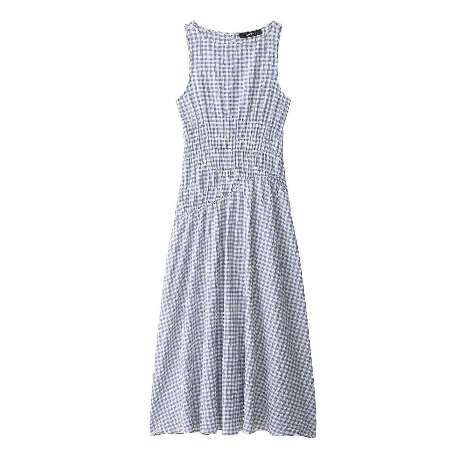 Women's Summer Minimalist Plaid Midi Dress Sleeveless High Waist