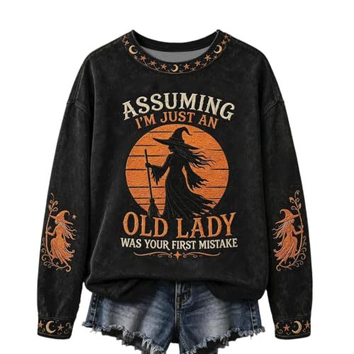 Halloween Witch Castle Print Crewneck Long Sleeve Pullover Sweatshirt