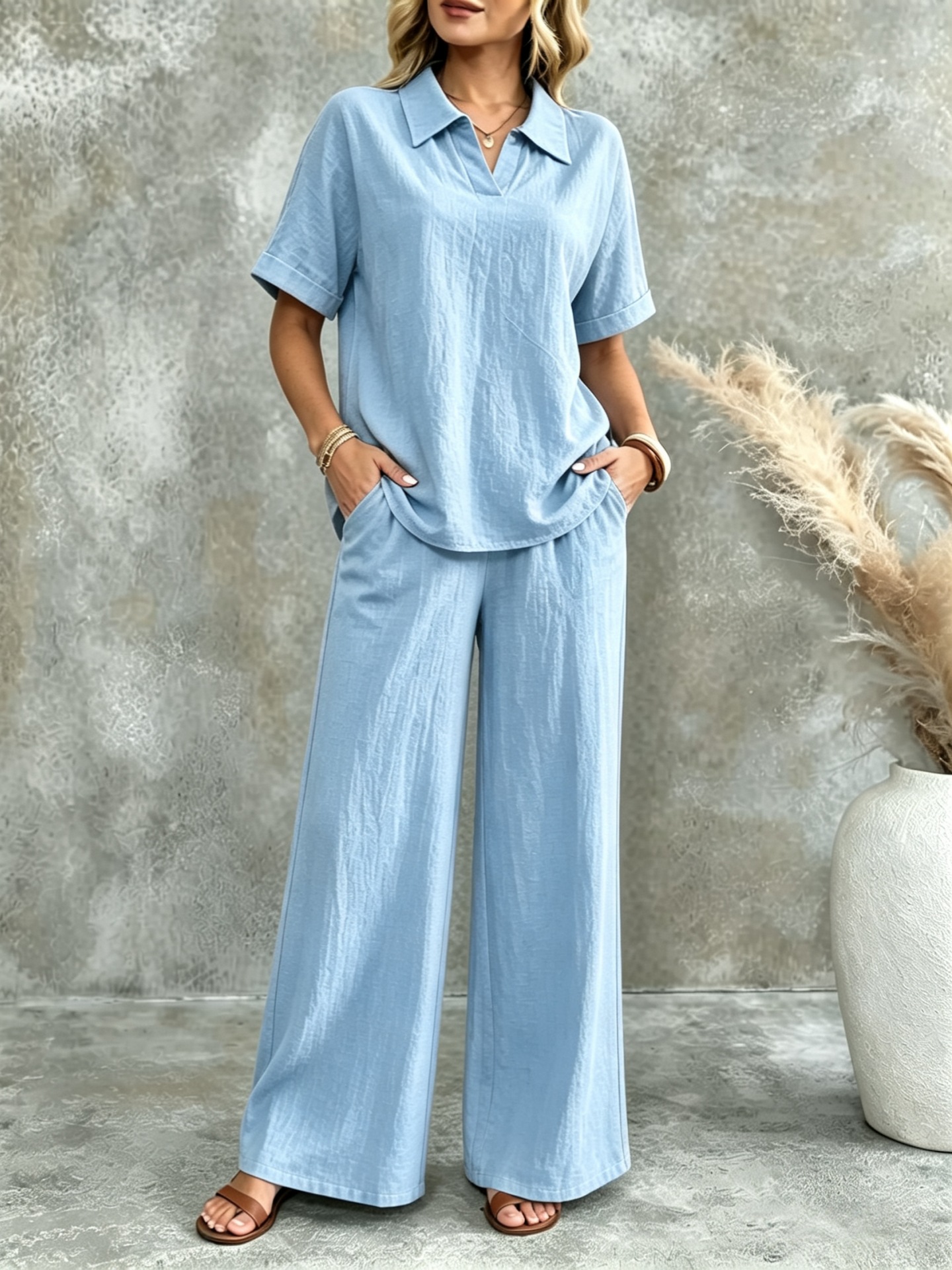 Women's Solid Short-Sleeve Collared Shirt & Wide-Leg Pants Two-Piece Set