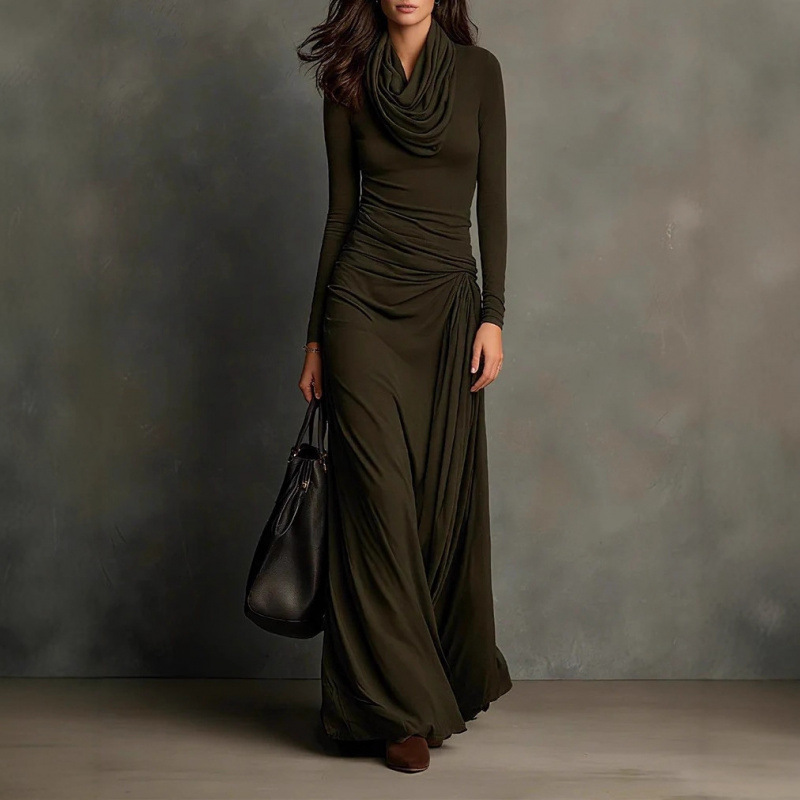 Elegant Ruched Cowl Neck Slim Fit Long Sleeve Dress