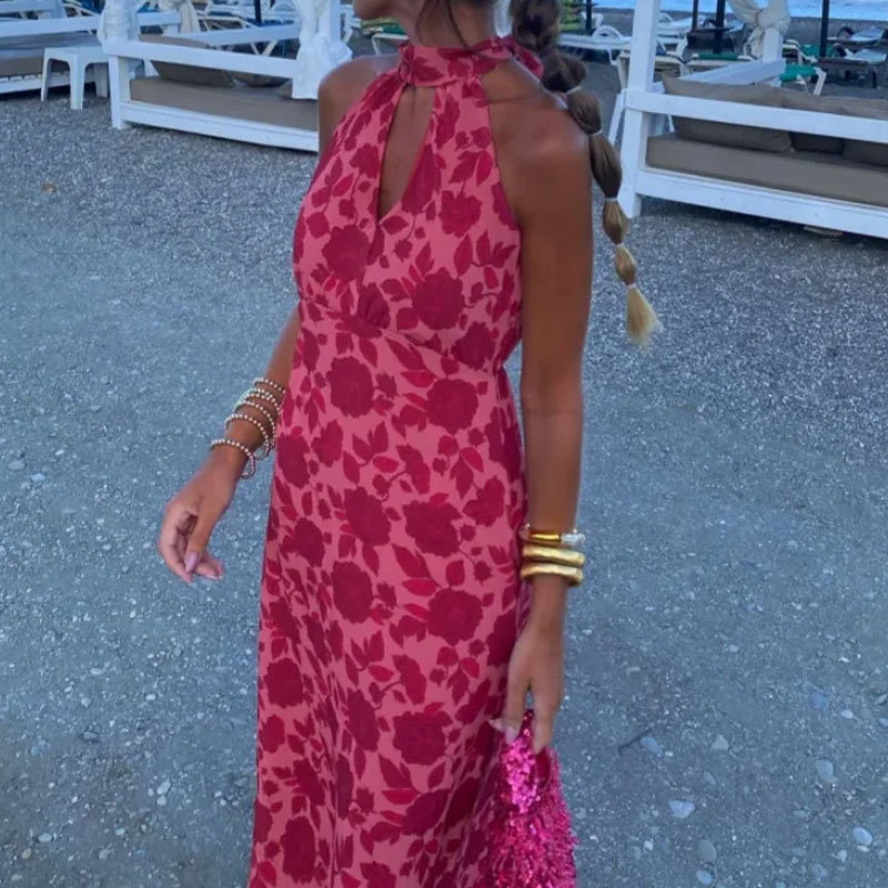 Women's Botanical Print Long Dress – Elegant Loose A-Line High-Waist Long-Sleeve