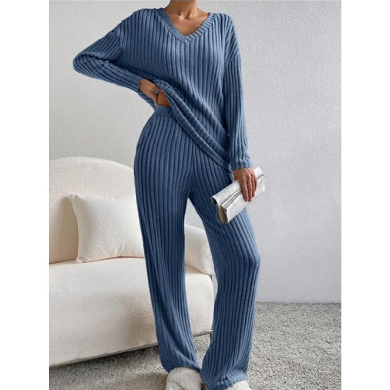 Women's Two-Piece V-Neck Knit Top and Straight-Leg Pants Set