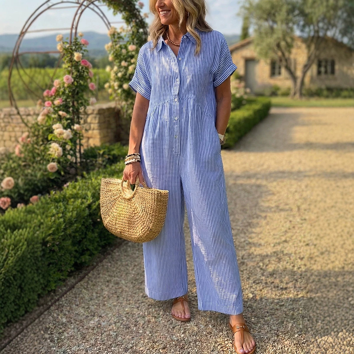 Striped Collared Button-Front Wide-Leg Jumpsuit for Women Summer Vacation