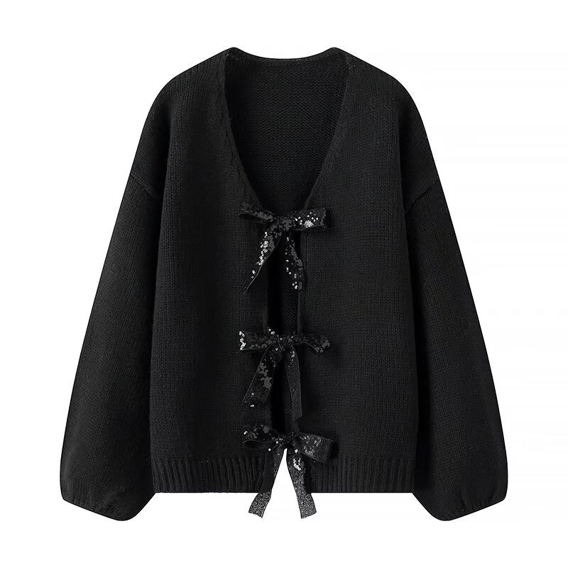 Sequin Bow Knit Cardigan Sweater
