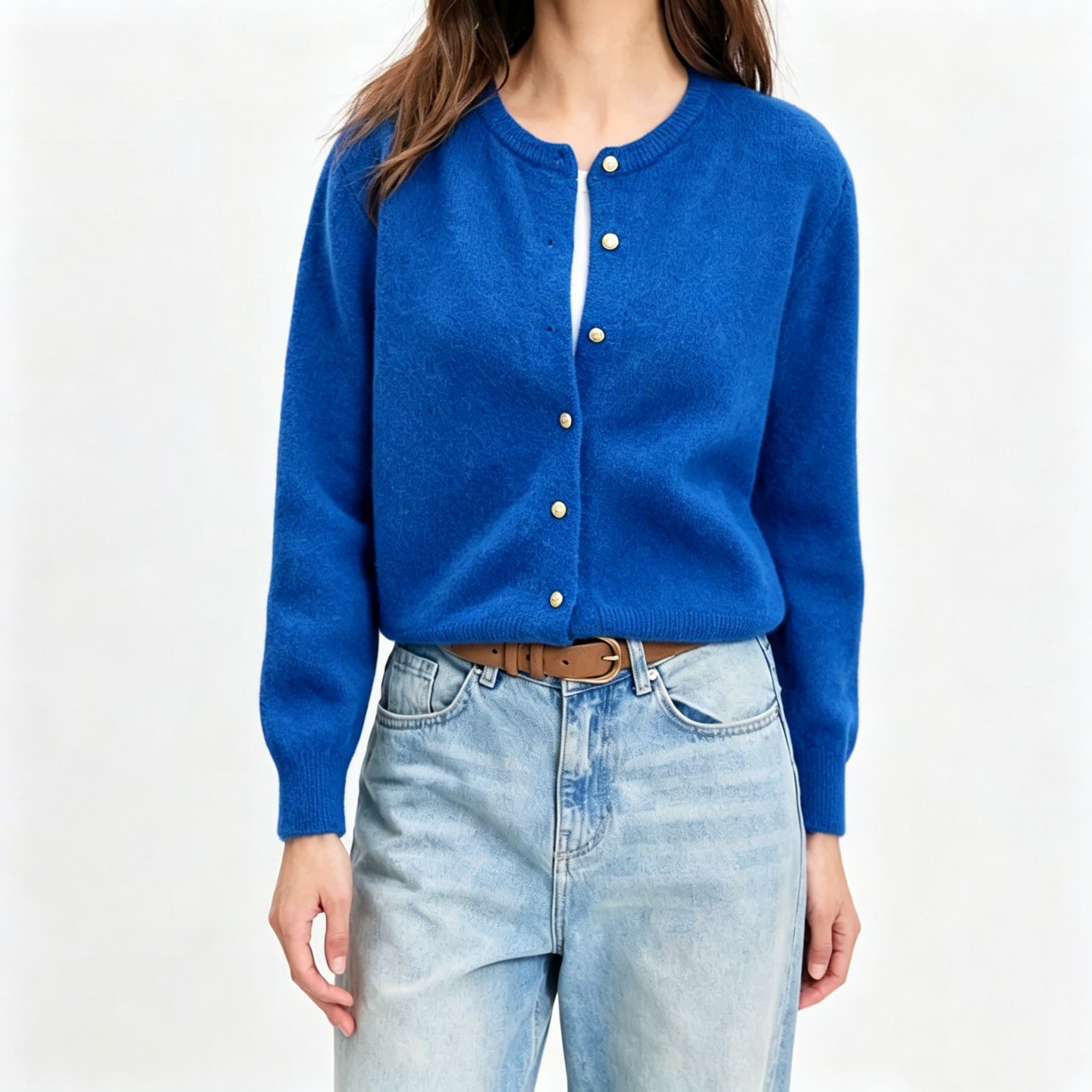 Long Sleeve Knit Cardigan with Gold Buttons Crew Neck Solid Color Loose Sweater Coat