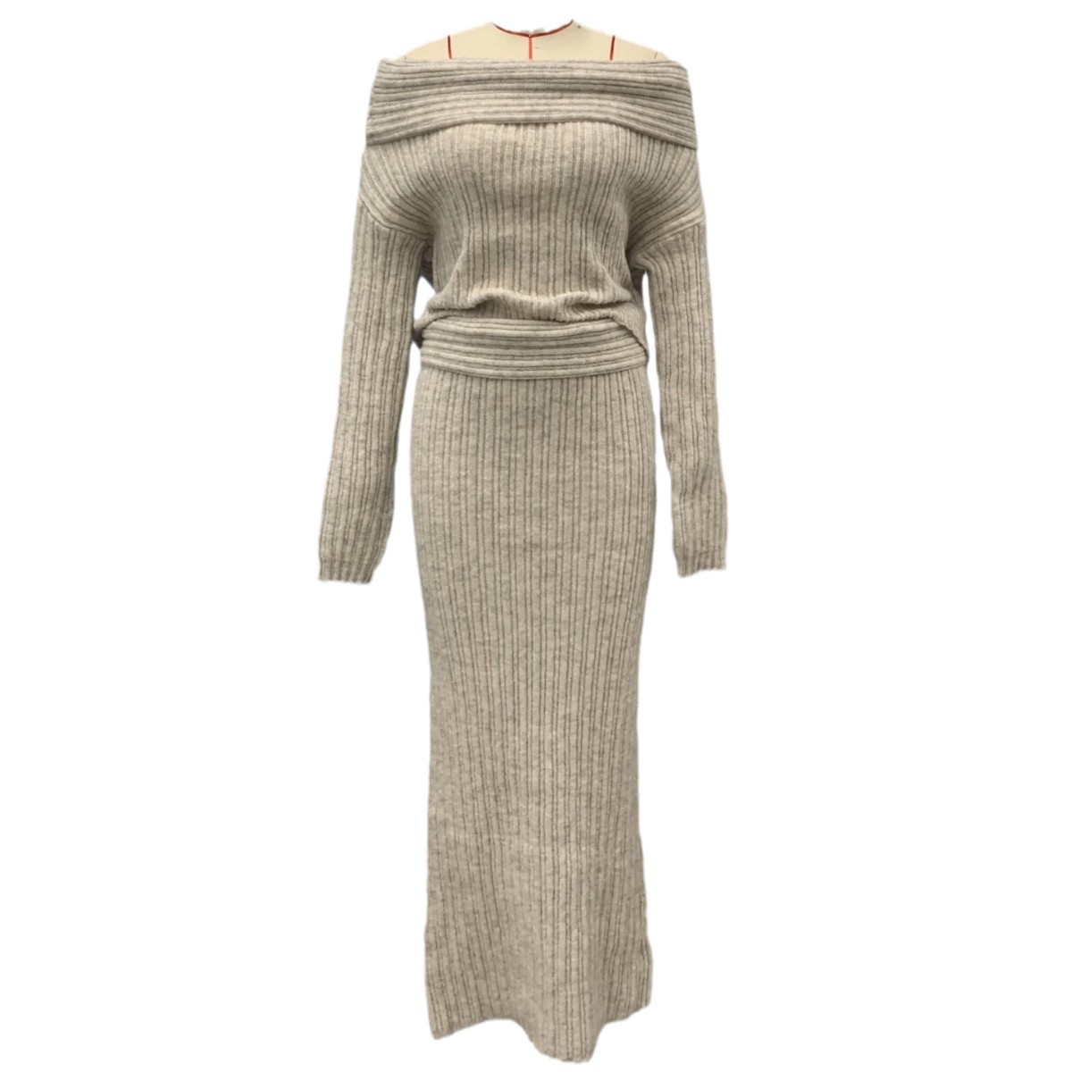 Off-Shoulder Slimming Loose Solid Knit Sweater Two-Piece Long Sleeve Set