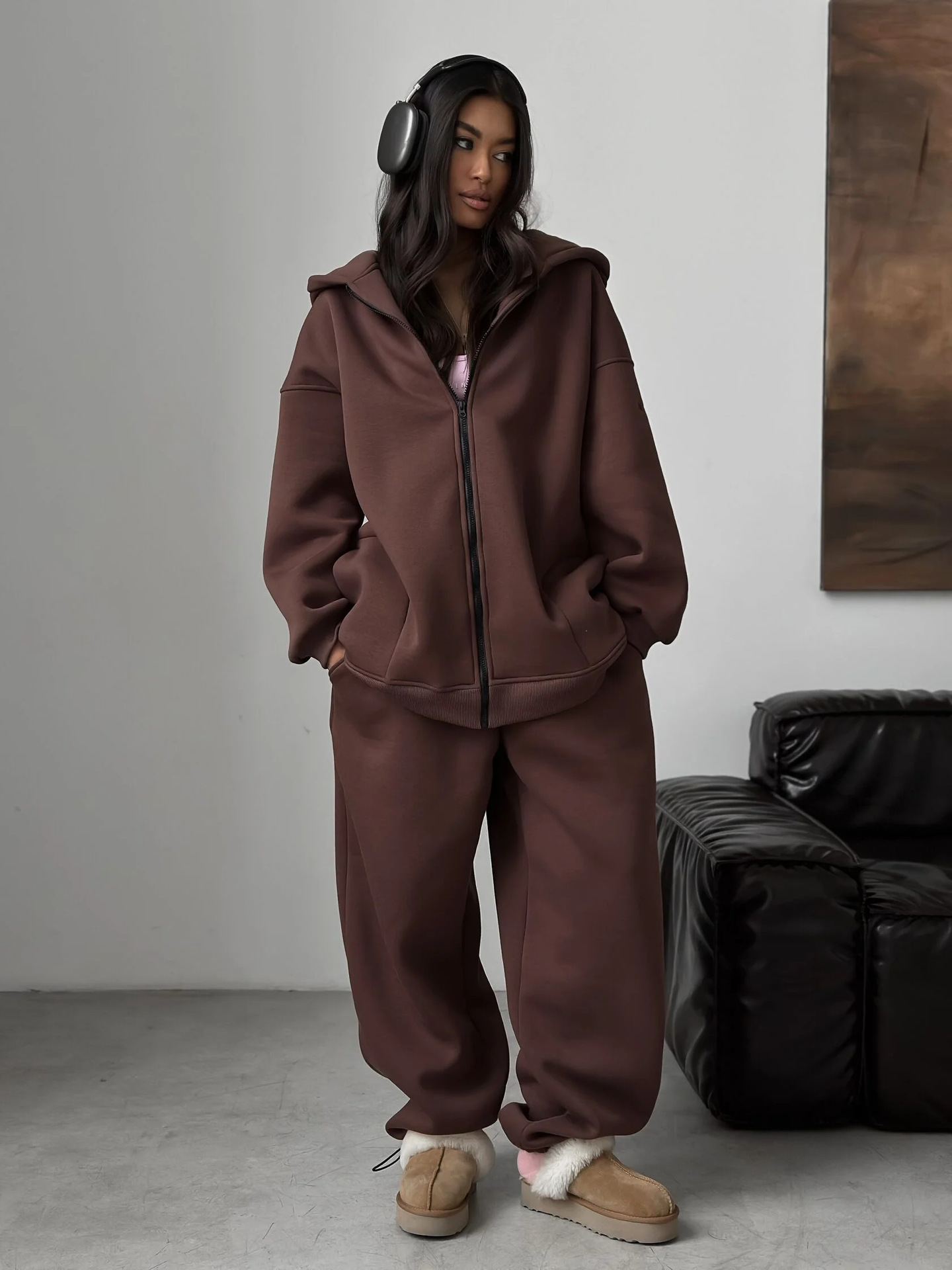 Women's Solid Color Zip-Up Hooded Cardigan and Pants Two-Piece Set Plus Size