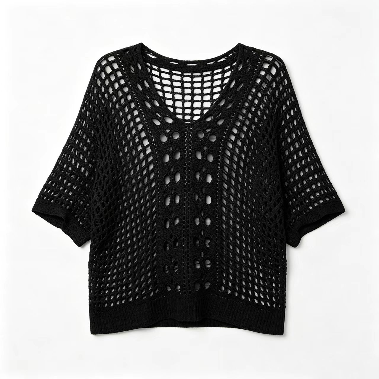 Women's Hollow-Out Batwing Sleeve Knit Top V-Neck Loose Fit
