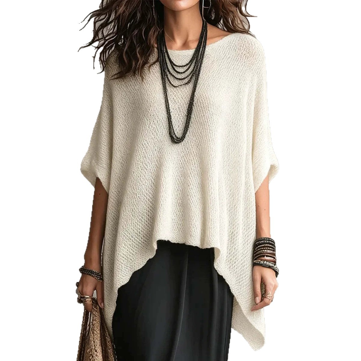 Women's Open Knit Top with Round Neck, Asymmetrical Hem, and Dolman Sleeves