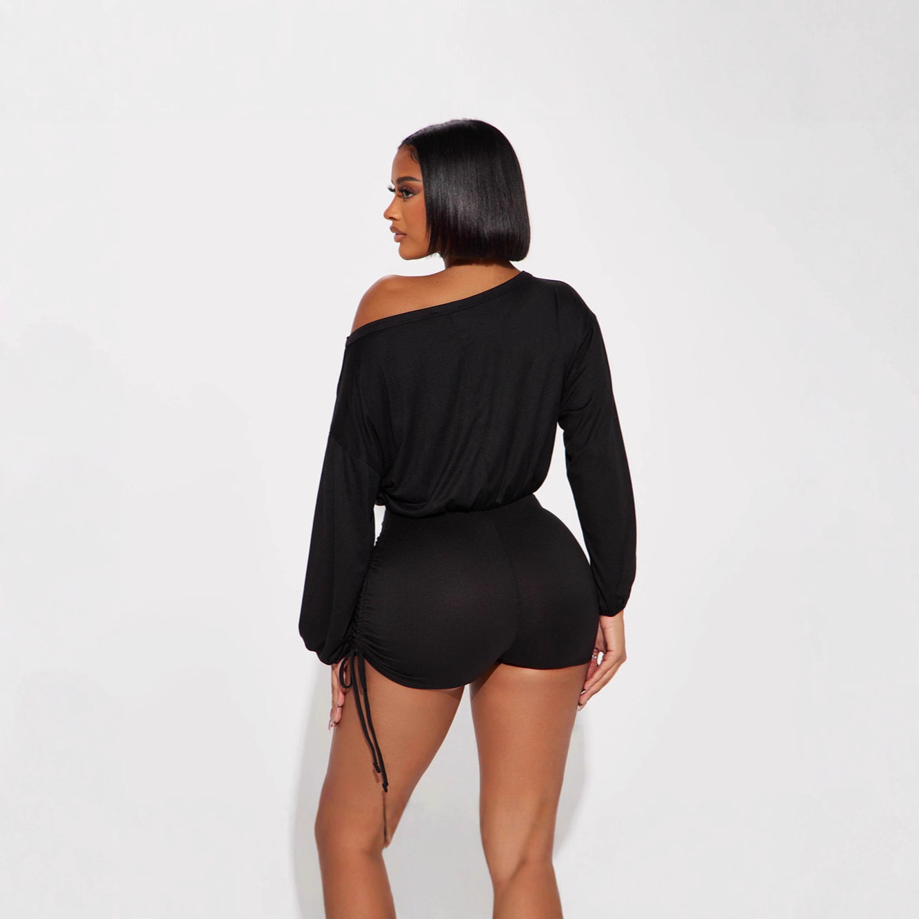 Women's Off-Shoulder Long Sleeve Ruched Drawstring Jumpsuit