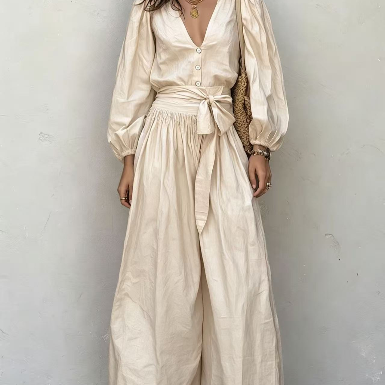 V-Neck Long-Sleeve Tie-Waist Pleated Pants Set