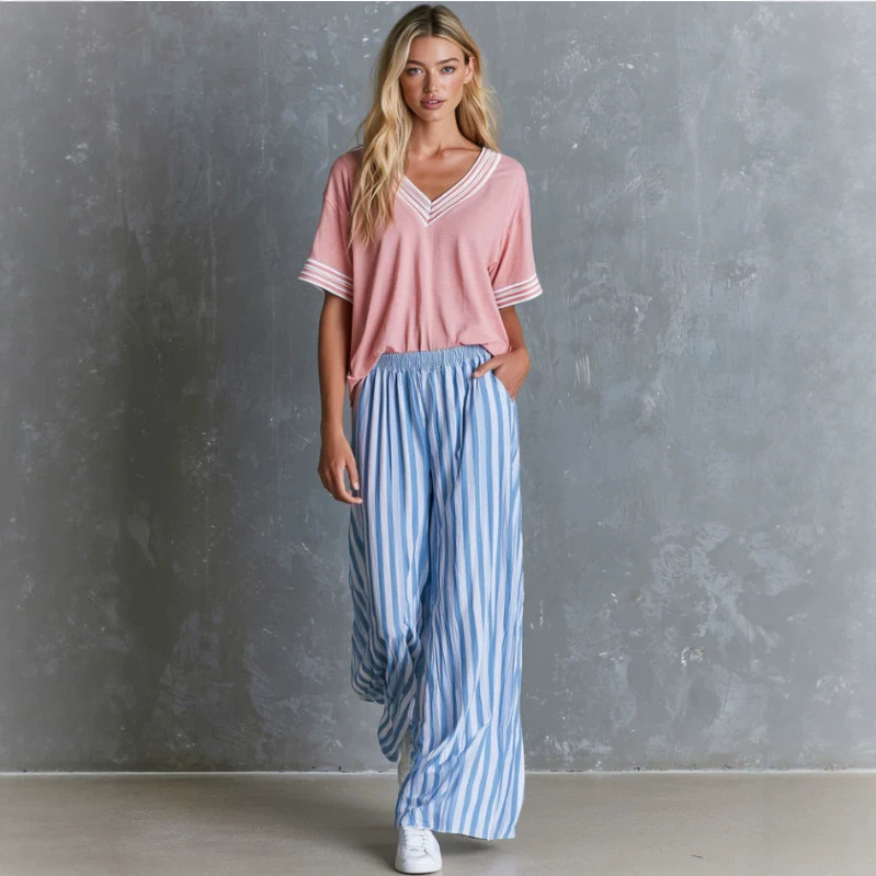 Retro Pink V-Neck Short-Sleeve T-Shirt and Blue Striped Pants Set