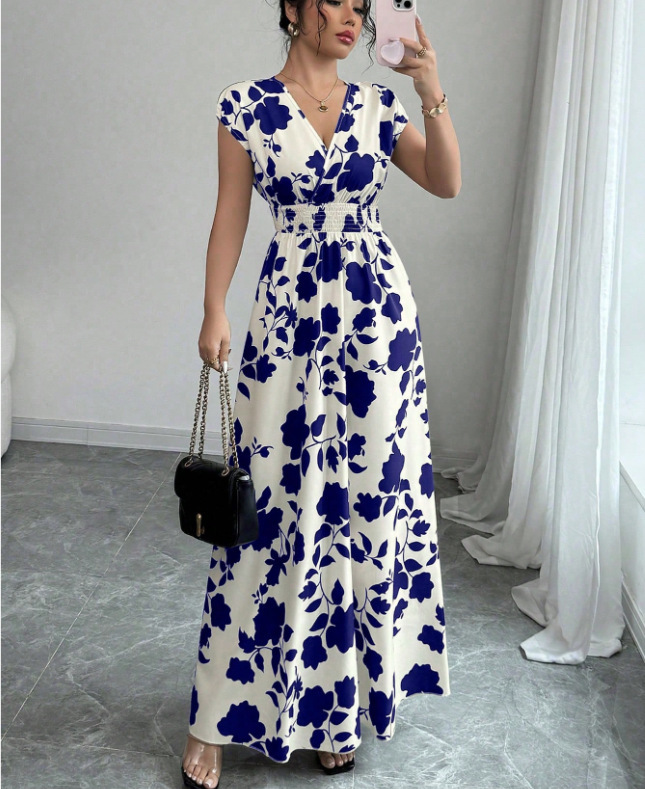Floral Print V-Neck Tie-Waist Short Sleeve Midi Dress