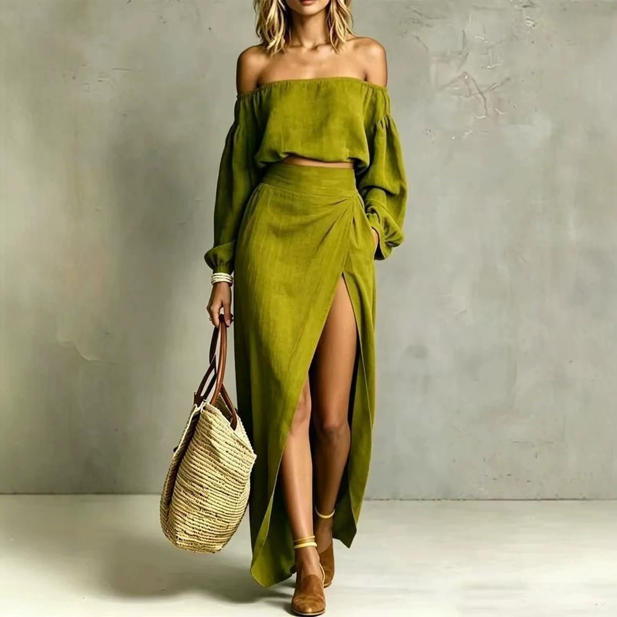 Women's Solid Color Bandeau Casual Two-Piece Set with Slit