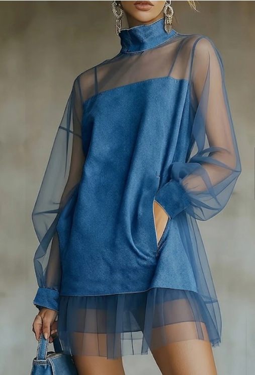 Women's Sheer Mesh Long Sleeve Mini Dress Solid Color