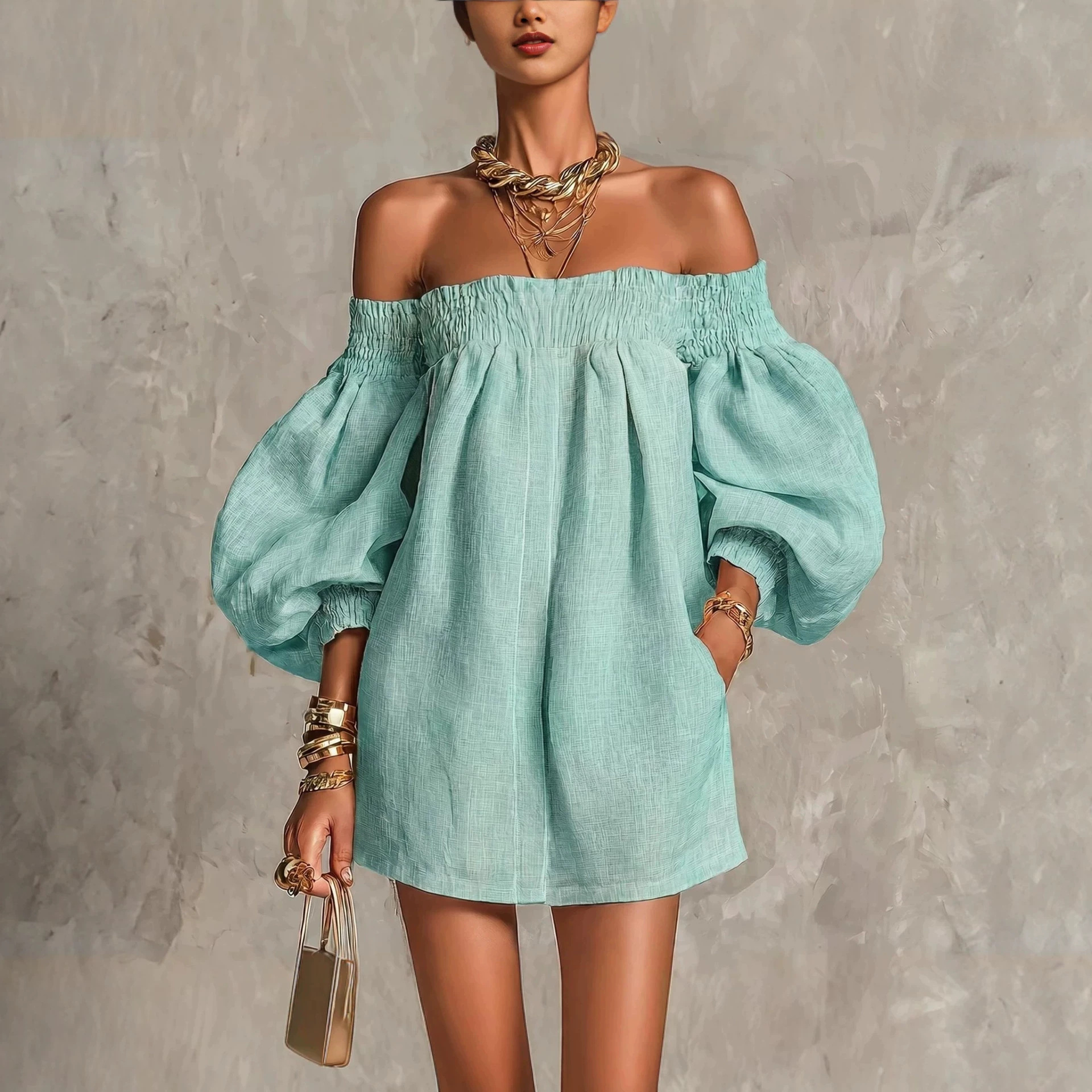 Off-Shoulder Lantern Sleeve A-Line Mini Dress