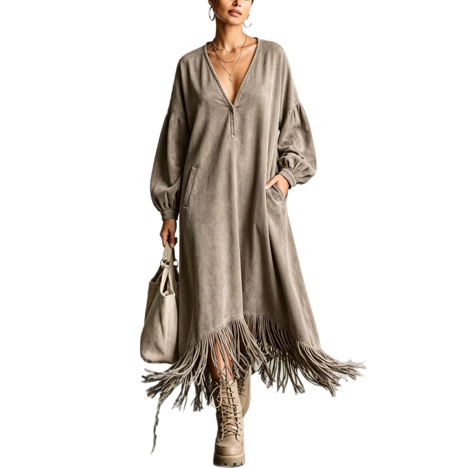 Suede Fringe V-Neck Midi Dress