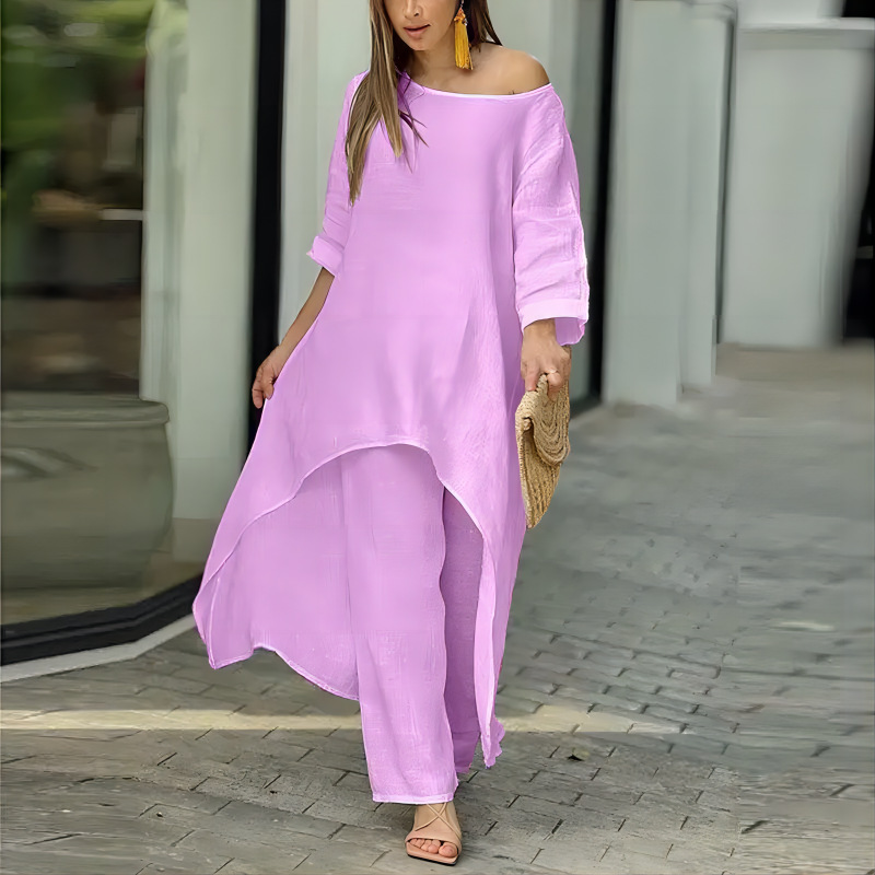 Women's Cotton-Linen Asymmetric Long-Sleeve Wide-Leg Two-Piece Set