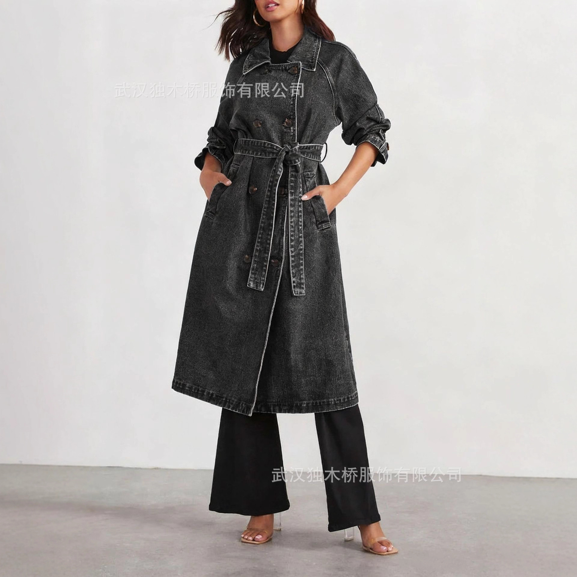 Women's Long Denim Trench Coat with Pockets Button-Up Loose Fit
