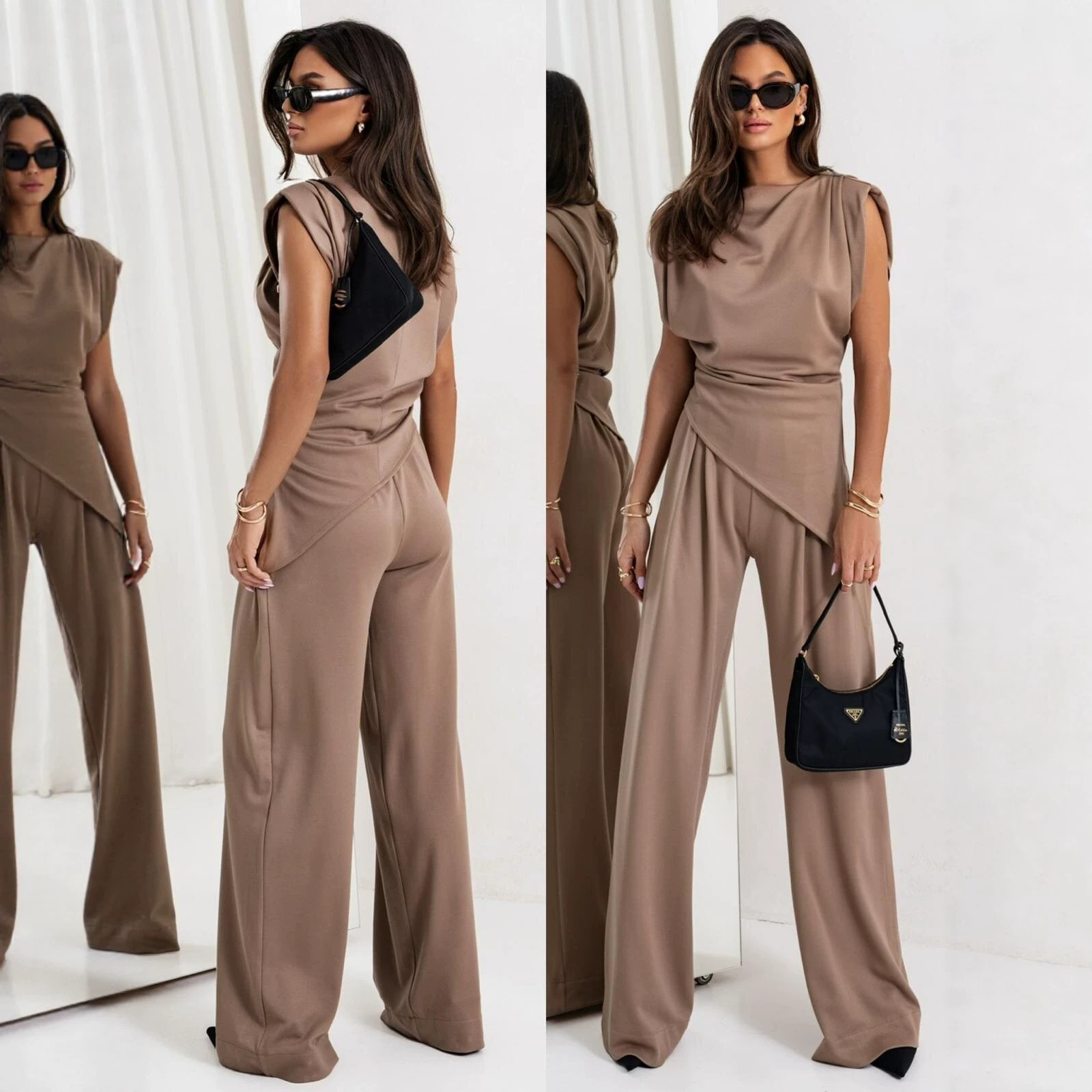 Women's Casual Solid Color Asymmetrical Short Sleeve Two-Piece Pants Set