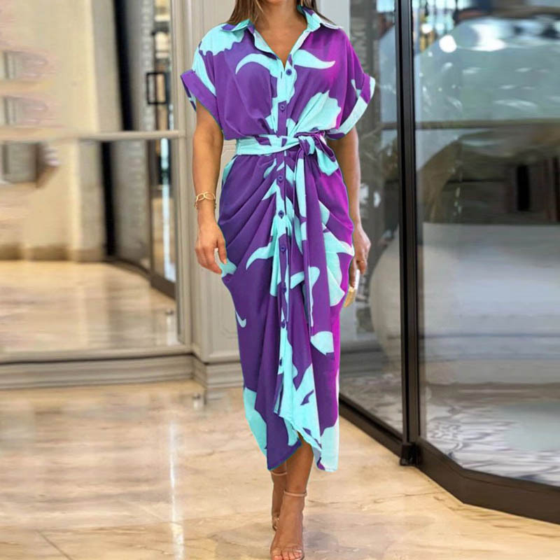 Floral Print Collared Short Sleeve High Waist Long Shirt Dress