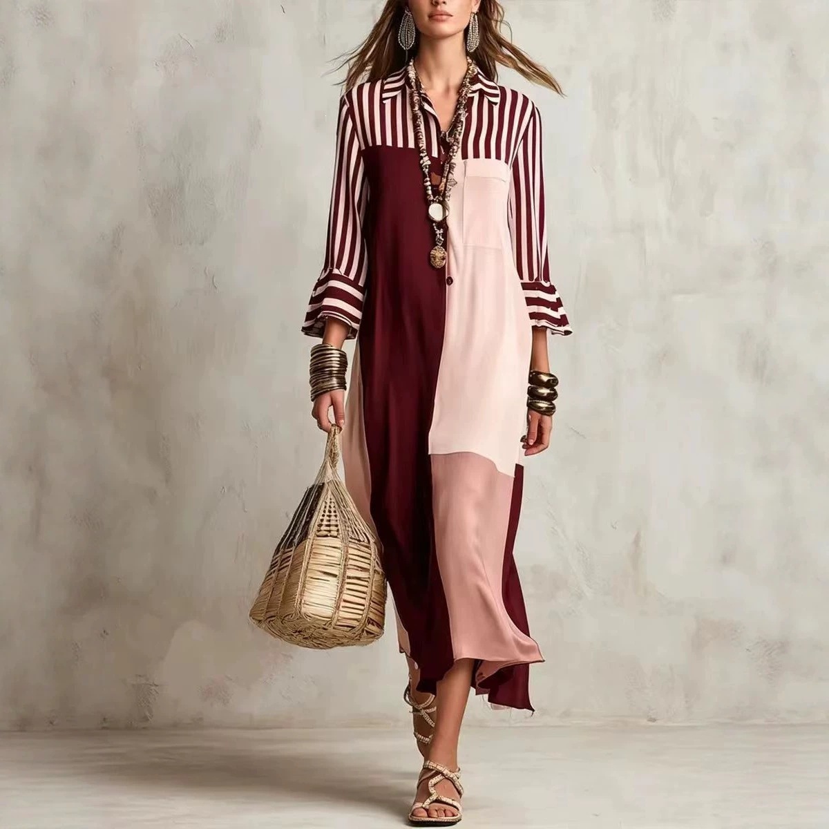 Striped Color-Block Shirt Dress with Three-Quarter Sleeves and V-Neck