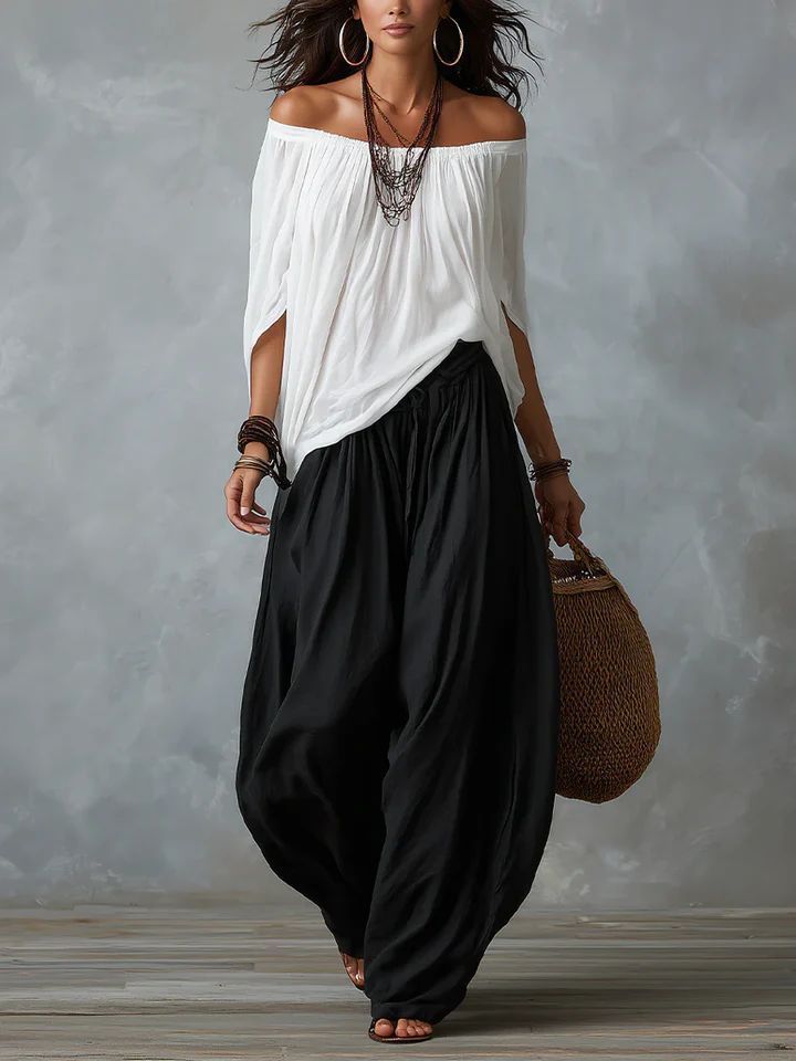 Women's Casual Solid Off-Shoulder Top and Lantern Pants Set