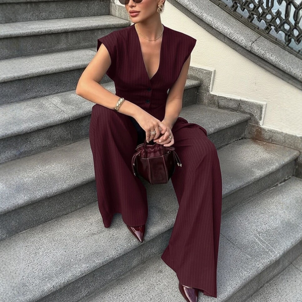 V-Neck Sleeveless Wide-Leg Pants Set Slimming Waist Commuter Women's