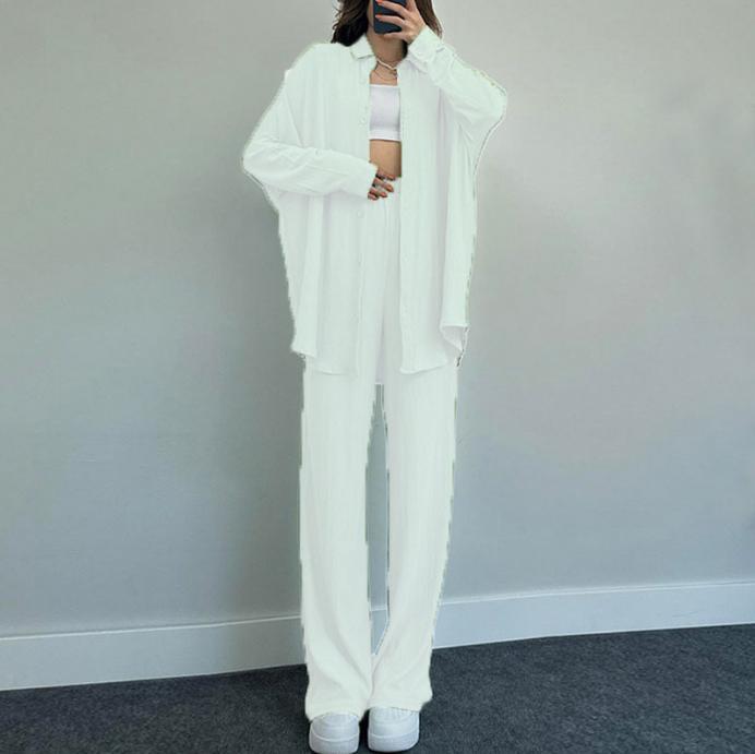Women's Loose Stretch Crinkle Long Sleeve Shirt & Wide Leg Pants Casual 2-Piece Set