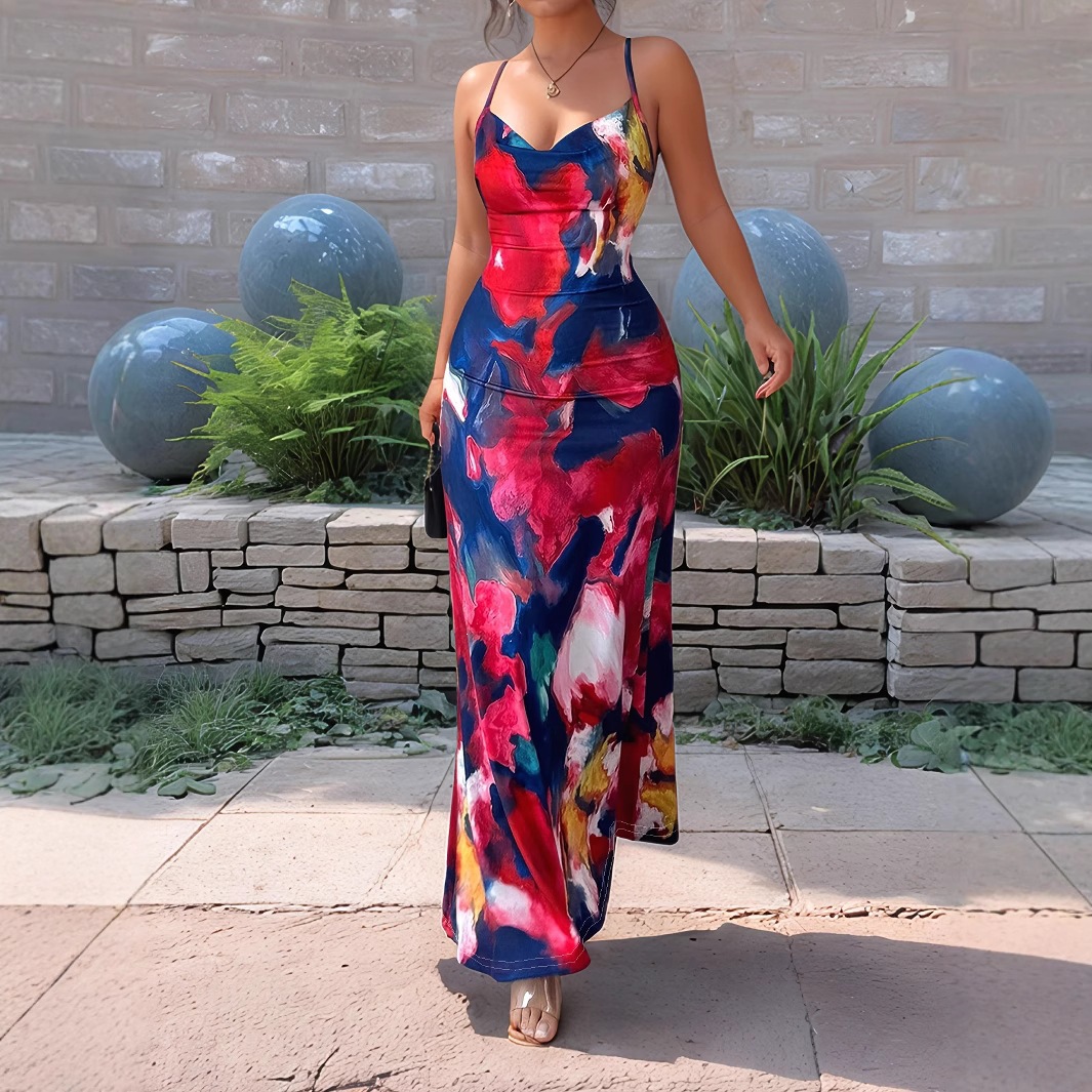 Watercolor Oil Painting Print V-Neck Bodycon Maxi Dress with Spaghetti Straps