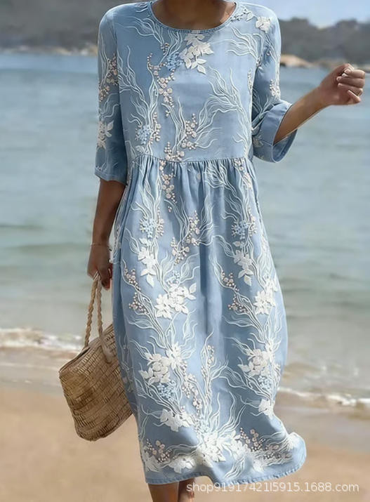 Women's Floral Print Ruched Midi Dress with Half Sleeves