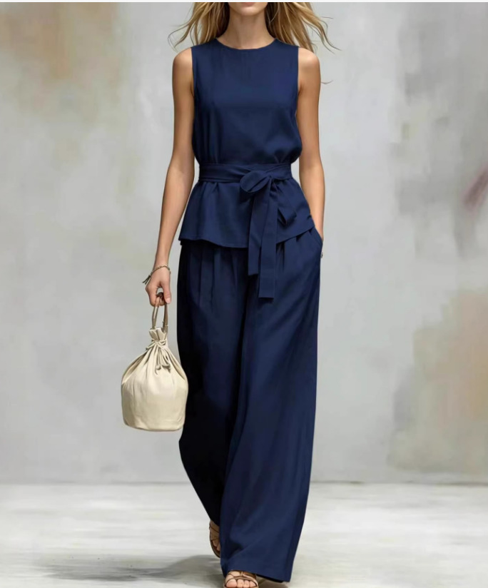 Women's Sleeveless Top and Belted Pants Two-Piece Set