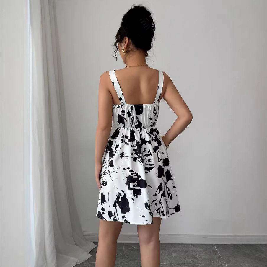 Bohemian Floral Print Sleeveless A-Line Dress with Open Back and Waist