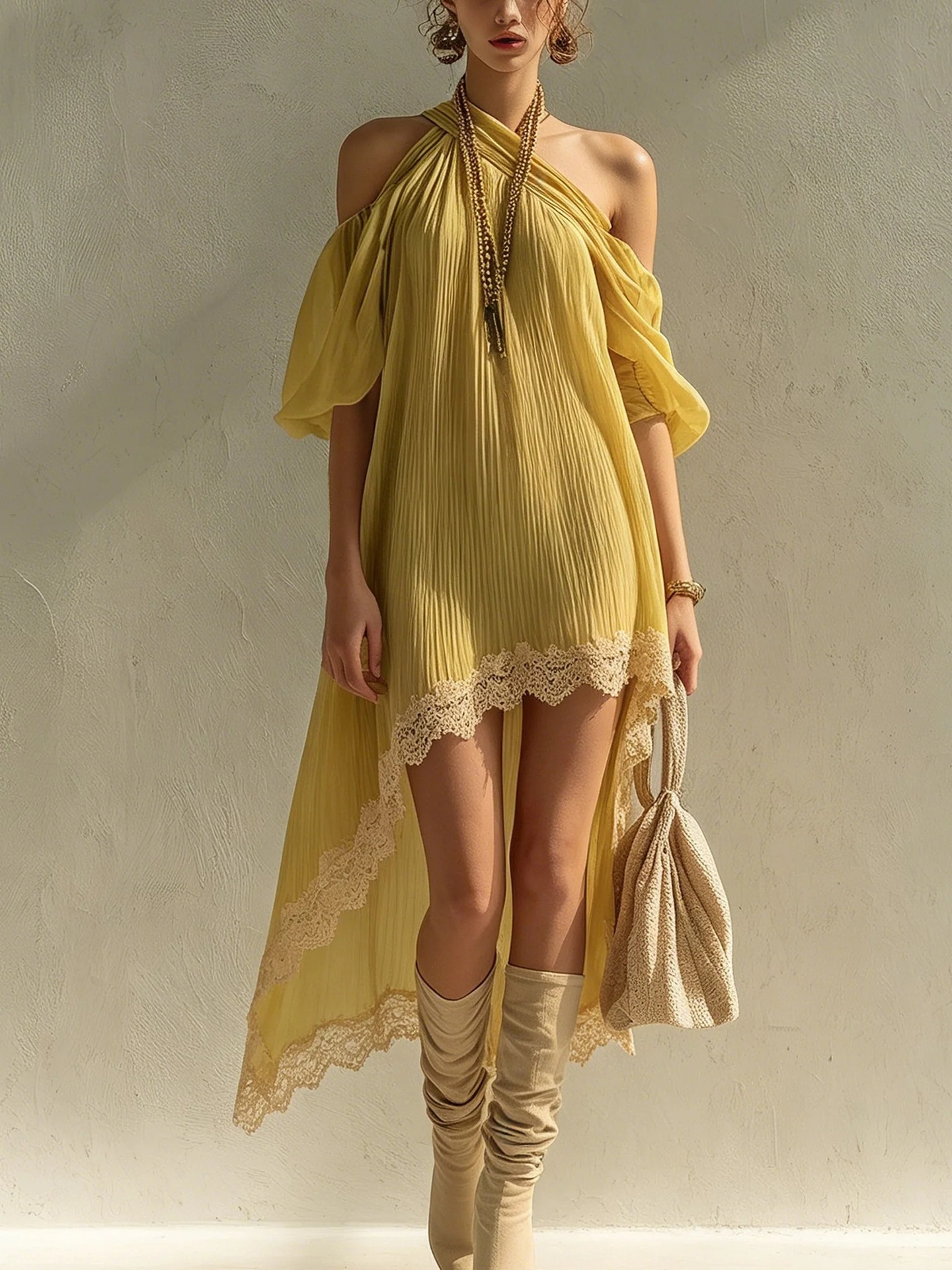 Yellow Halter Neck Ruched Asymmetric Lace Panel Vacation Midi Dress