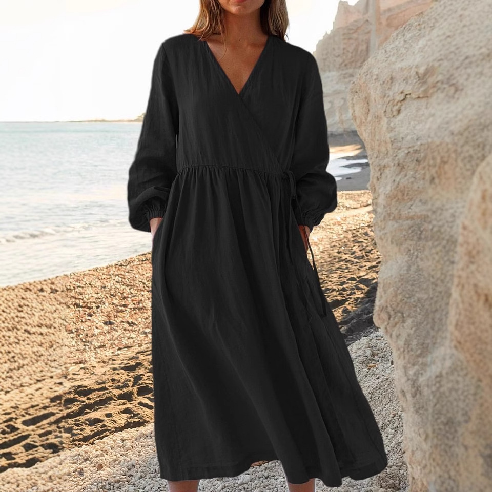 Solid Color Loose High Waist Cotton Linen Dress