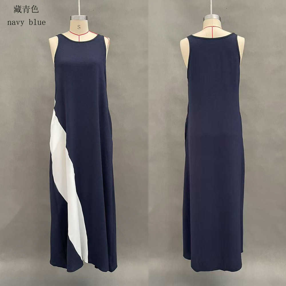 Women's Sleeveless Loose Colorblock Off-Shoulder Pocket Casual Dress