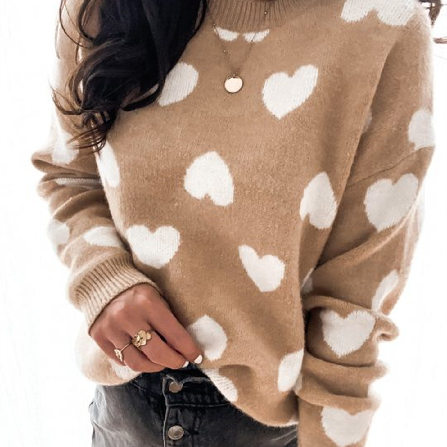 Women's Heart Print Pullover Knit Sweater Crew Neck Long Sleeve